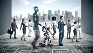 A futuristic business environment with AI systems and robots collaborating with humans.