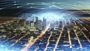 Futuristic cityscape illustrating Gemini 2.0's impact on connectivity.
