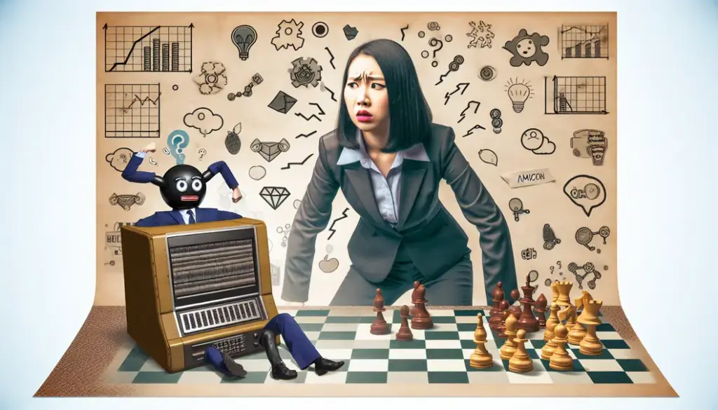 A vintage illustration of a computer playing chess against a human in a suit, symbolizing the rise of AI in strategic games.
