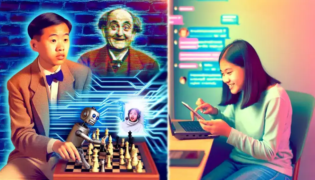A collage showing the evolution of AI from chess computers to modern chatbots, with humorous and historic elements.