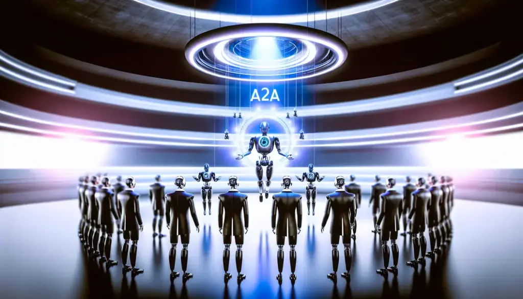 AI agents depicted as musicians in a concert hall, coalescing under a glowing A2A logo, representing agent-to-agent harmony.