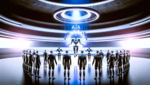 AI agents depicted as musicians in a concert hall, coalescing under a glowing A2A logo, representing agent-to-agent harmony.