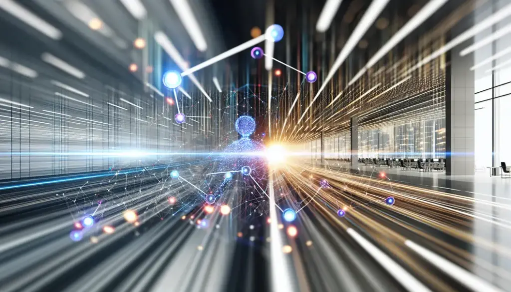 Artistic representation of futuristic AI interactions in a business setting with a focus on digital innovation.