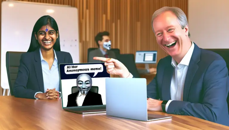 An AI robot in an office engaging with CEOs through colorful, humorous digital images.