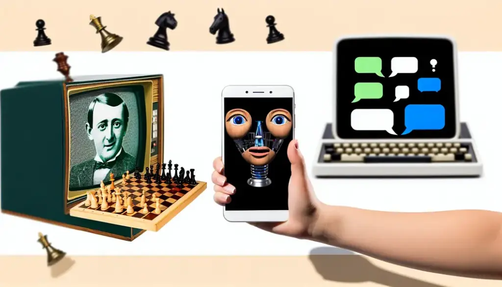 A collage showing the evolution of AI from chess computers to modern chatbots, with humorous and historic elements.