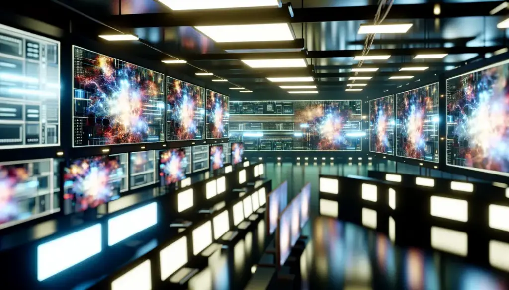 A workspace with screens showing AI-generated artwork, illustrating active AI image creation.