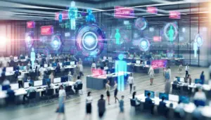 Trading floor with AI holograms and dynamic data, showcasing integration of AI in trading.