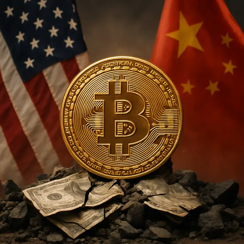 Visualization of Bitcoin above financial disruptions with US and China themes, illustrating economic influences.