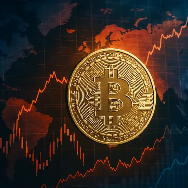 Bitcoin superimposed over economic charts and maps, representing its journey during Trump's presidency.