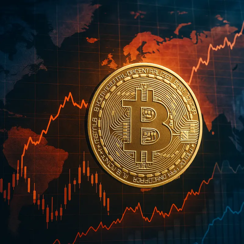 Bitcoin superimposed over economic charts and maps, representing its journey during Trump's presidency.