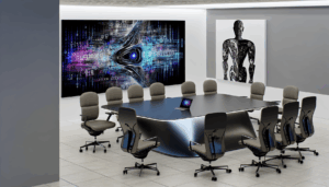 A vibrant office filled with AI-generated art pieces surrounding a CEO.