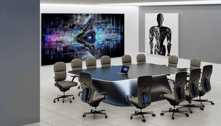 A vibrant office filled with AI-generated art pieces surrounding a CEO.