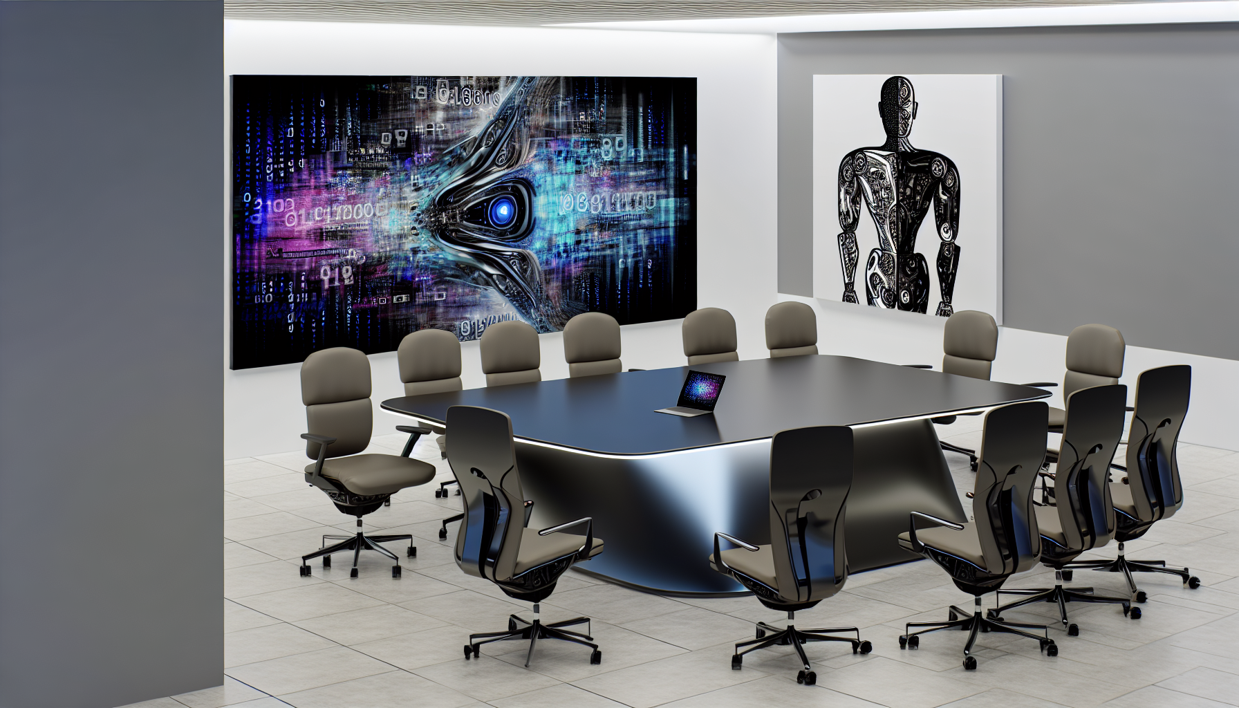 A vibrant office filled with AI-generated art pieces surrounding a CEO.