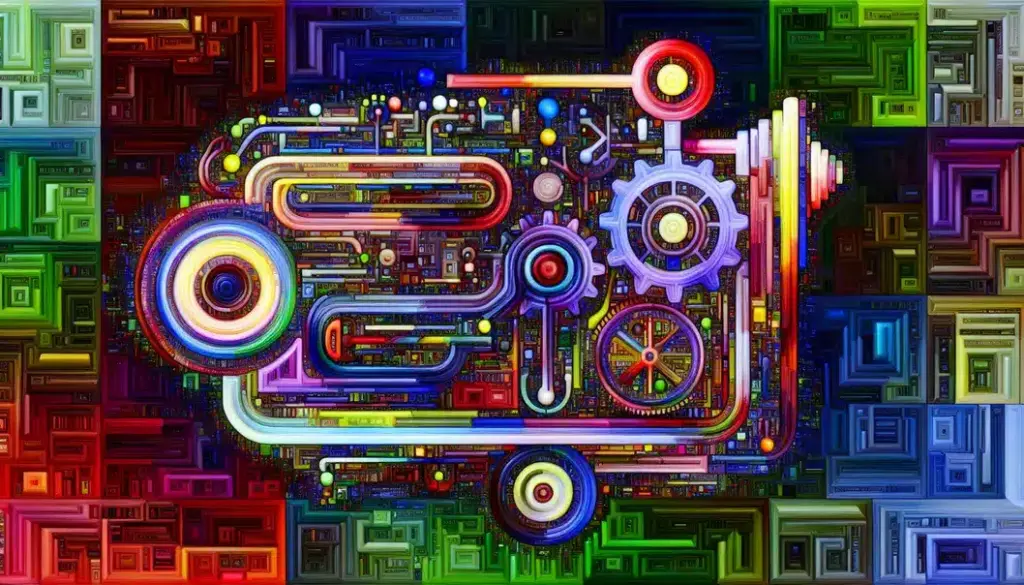 AI engine surrounded by diverse artistic styles and ethical symbols, representing the creative and ethical dynamics of AI.