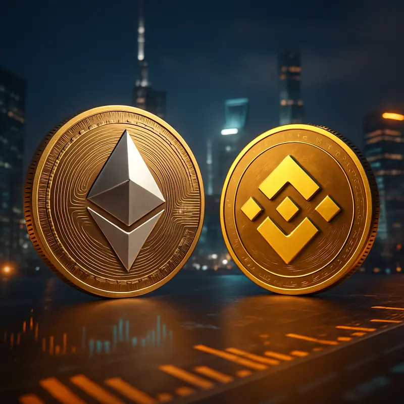 Artistic depiction of Ethereum and Binance Coin amid a modern financial landscape, symbolizing their 2025 rivalry.