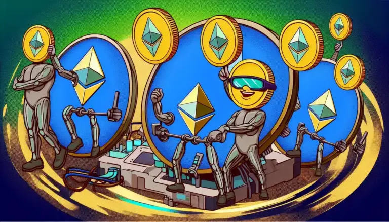 Futuristic city with Ethereum logos as flying cars, people celebrating with devices.
