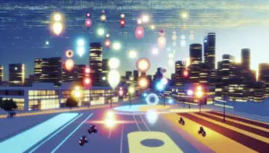 Cityscape illustrating AI agents interacting and exchanging data.