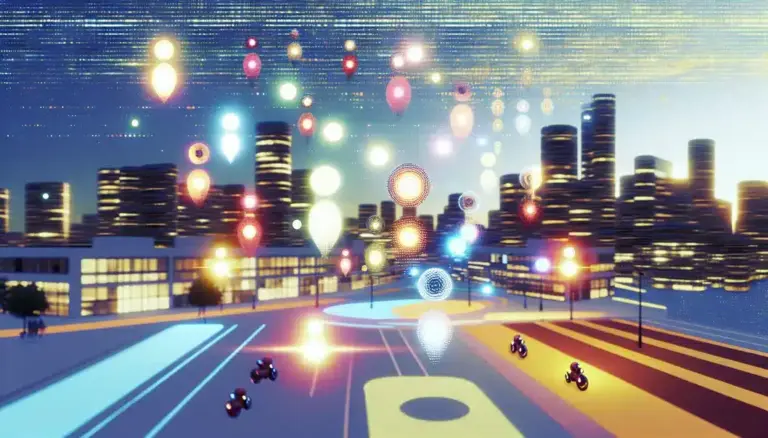 Cityscape illustrating AI agents interacting and exchanging data.