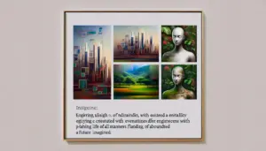 Digital art gallery with AI-generated futuristic cityscapes, characters, and landscapes from Google Gemini.
