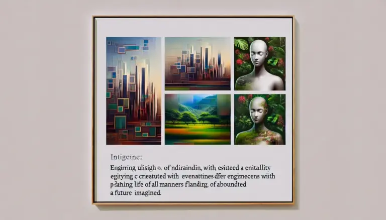 Digital art gallery with AI-generated futuristic cityscapes, characters, and landscapes from Google Gemini.