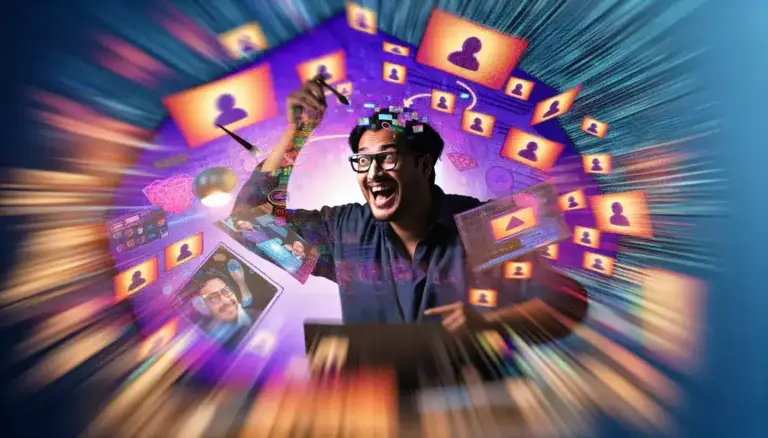 A whimsical developer with AI-generated images floating around them.