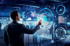 Trader engaging with AI interfaces on a trading floor, reflecting data-driven strategies.