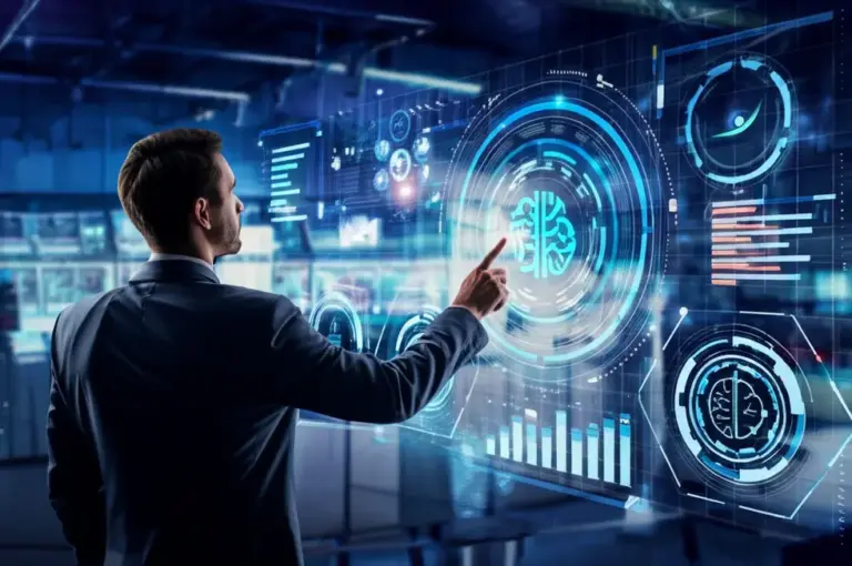Trader engaging with AI interfaces on a trading floor, reflecting data-driven strategies.