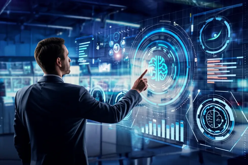 Trader engaging with AI interfaces on a trading floor, reflecting data-driven strategies.
