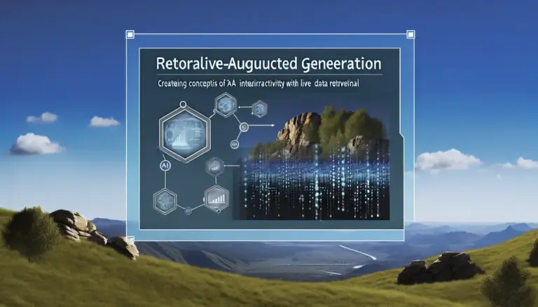 A digital scene depicting AI systems interacting with live data through RAG technology integrations.