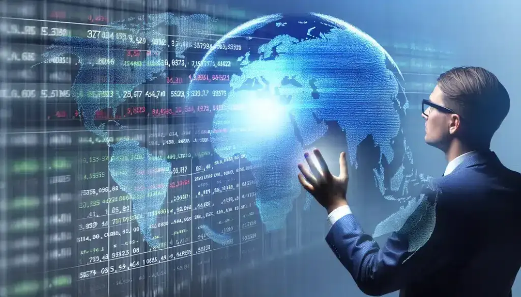 Photo of financial analyst with data streams overlaying global market displays, depicting RAG's influence.
