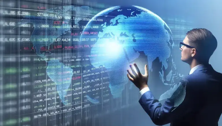 Photo of financial analyst with data streams overlaying global market displays, depicting RAG's influence.
