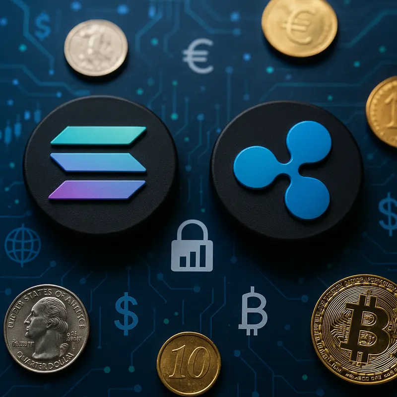 Solana and Ripple logos with financial symbols reflecting their 2025 roles.