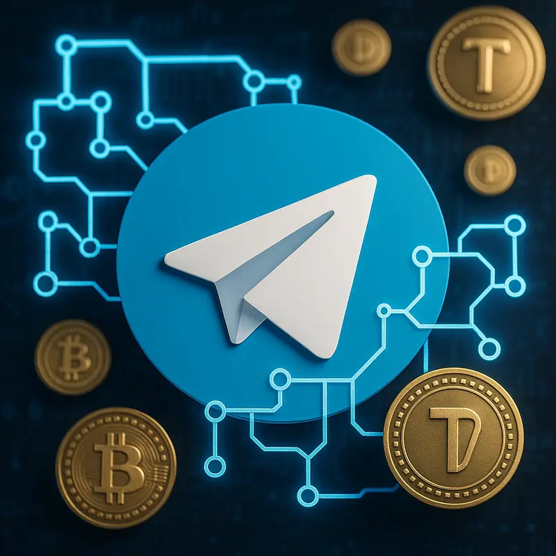 Telegram logo with blockchain and cryptocurrency symbols, illustrating Toncoin's impact.