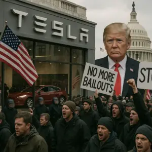Tesla showroom with protest signs and political symbols indicating tension.