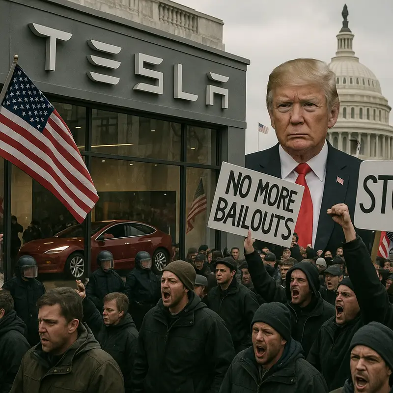 Tesla showroom with protest signs and political symbols indicating tension.
