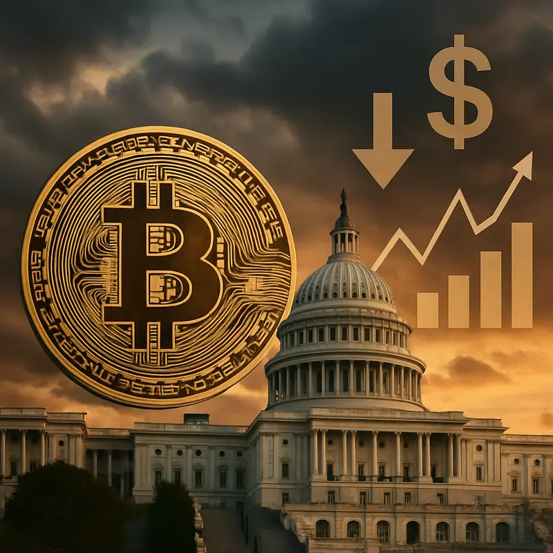Collage with Bitcoin, US Capitol, and economic symbols under a dramatic sky symbolizing political and cryptocurrency ties.