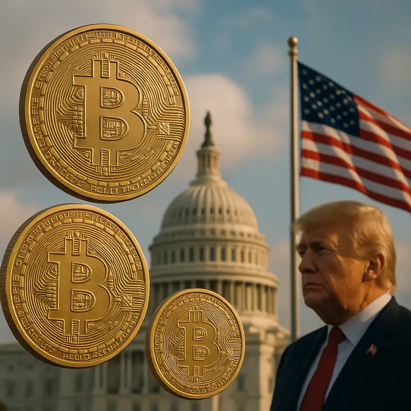 Bitcoin symbols with U.S. governance backdrop, indicating the cryptocurrency's evolution in the Trump era.