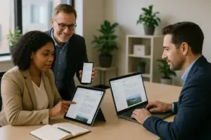 Business setting showing individuals using Google NotebookLM on various devices for collaborative and efficient work.