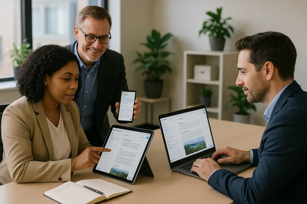 Business setting showing individuals using Google NotebookLM on various devices for collaborative and efficient work.