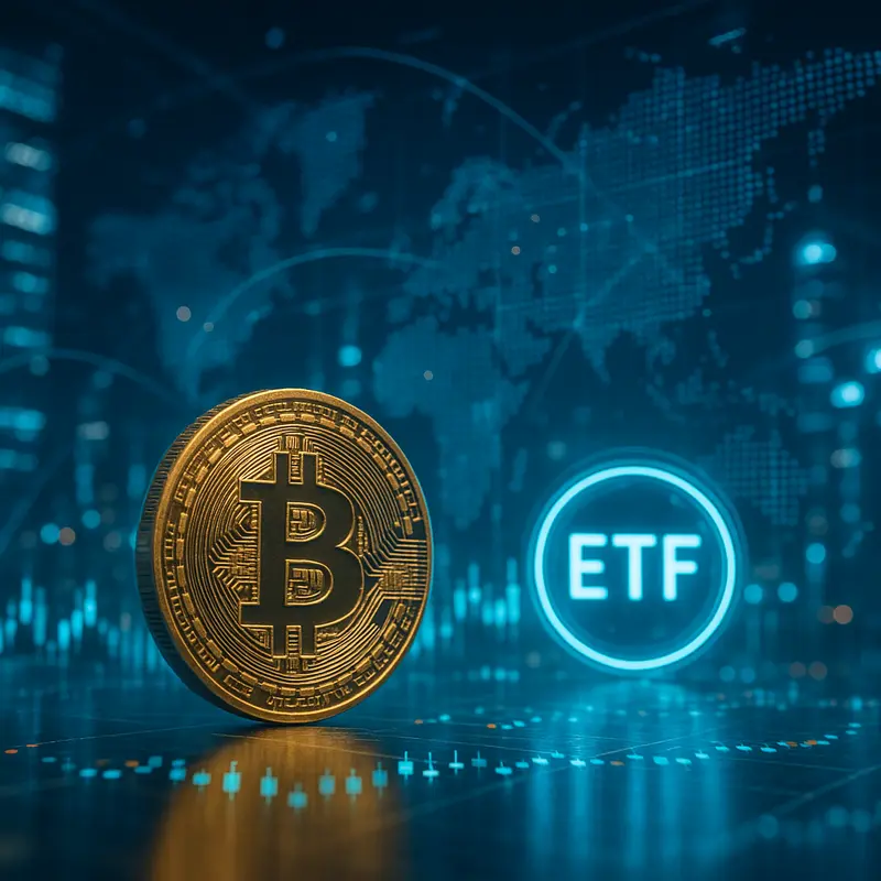 A futuristic depiction of Bitcoin and ETF integration in global financial markets.
