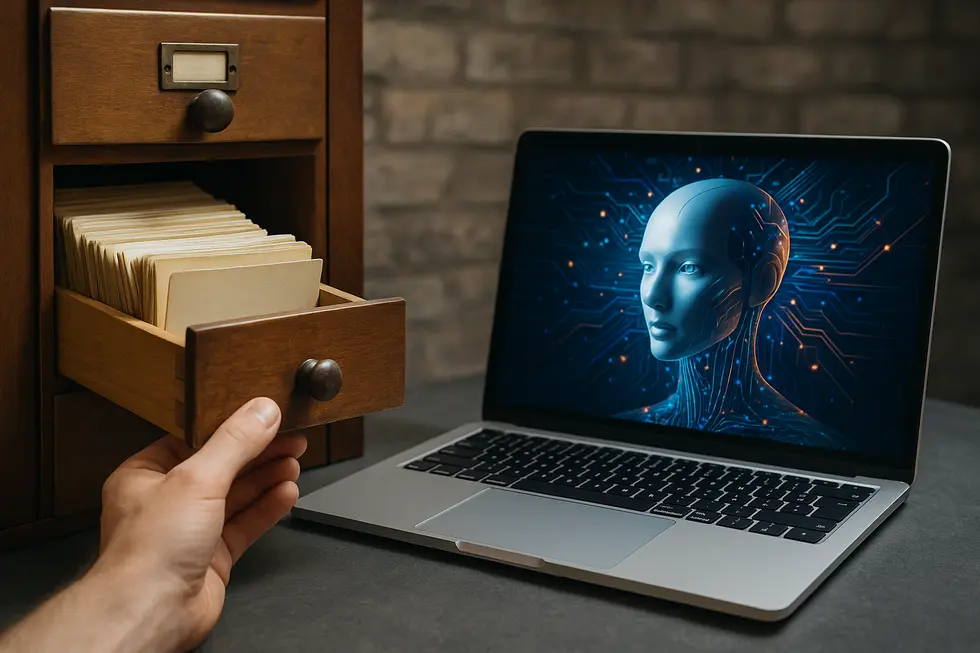 Illustration blending historic retrieval systems with modern AI advancements.