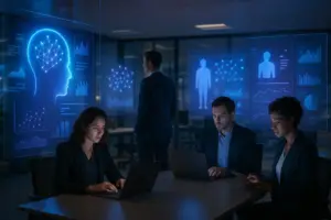 Futuristic office with digital displays of Google AI Studio tools in use.