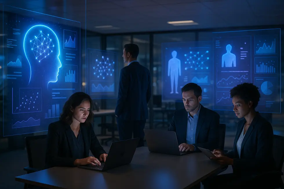 Futuristic office with digital displays of Google AI Studio tools in use.