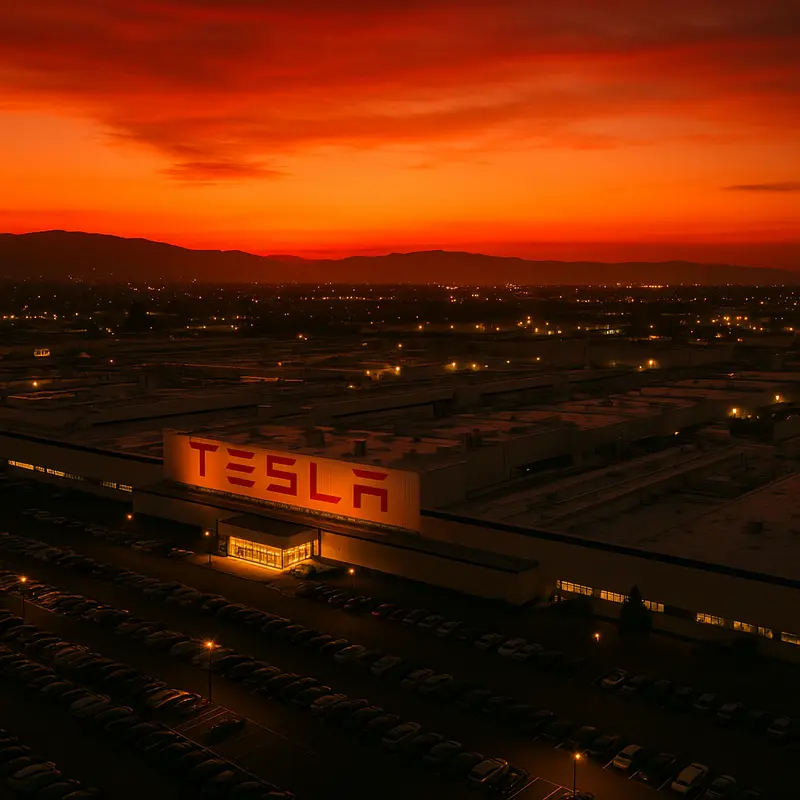 Aerial view of Tesla's Fremont Factory at dusk with an orange sky backdrop.