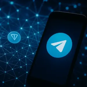 Blended visualization of blockchain networks and Telegram app interface representing futuristic digital communication.