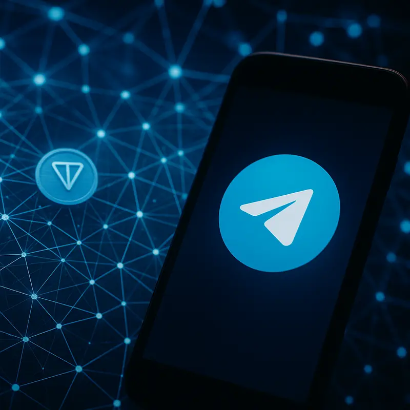 Blended visualization of blockchain networks and Telegram app interface representing futuristic digital communication.