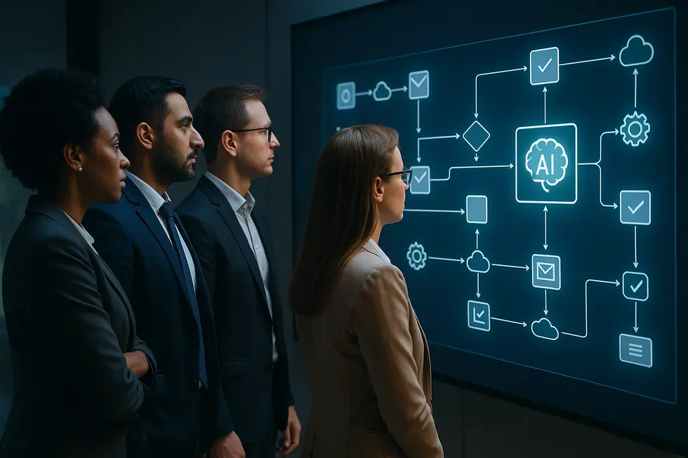 Group of professionals viewing a digital screen showing AI-enhanced workflows.