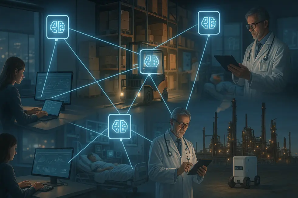 Interconnected AI networks displaying the retrieval and decision-making processes of Agentic RAG in various industrial contexts.