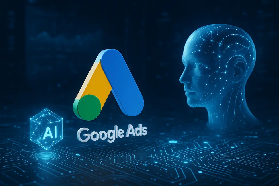 Hình ảnh biểu tượng Google Ads và các yếu tố AI, tượng trưng cho sự phát triển công nghệ trong quảng cáo.