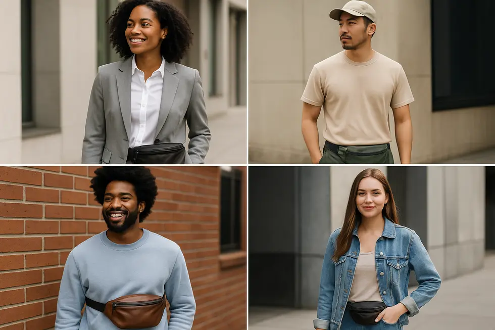 Diverse models showcasing different ways to wear fanny packs in multiple environments.